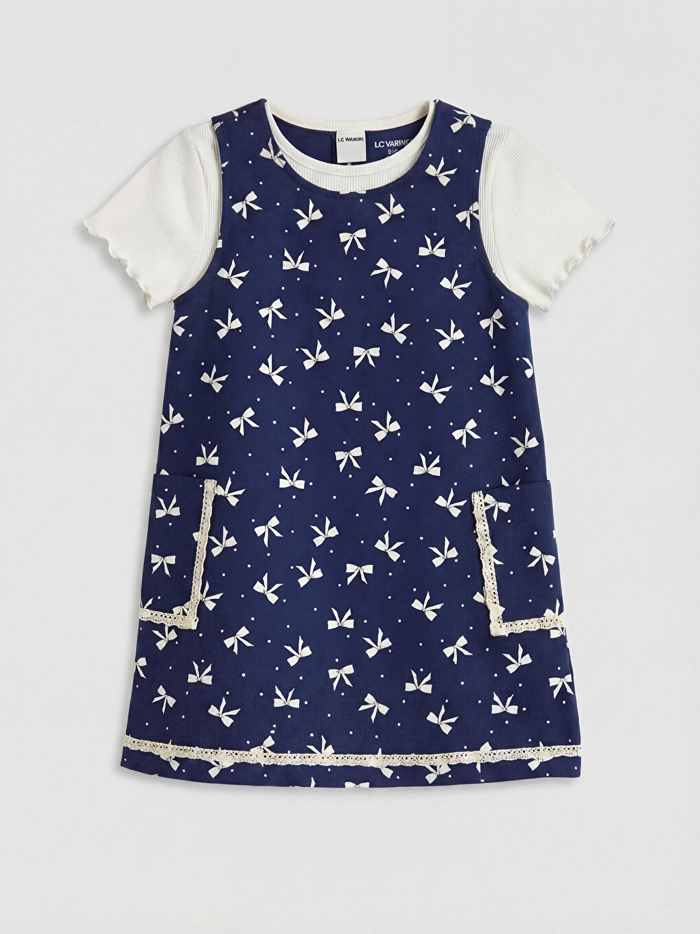 Lacivert Fiyonk Baskılı Kız Çocuk Elbise ve Bluz