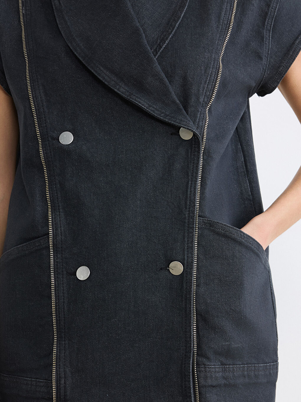 Gri Kruvaze Yaka Kadın Jean Yelek-2