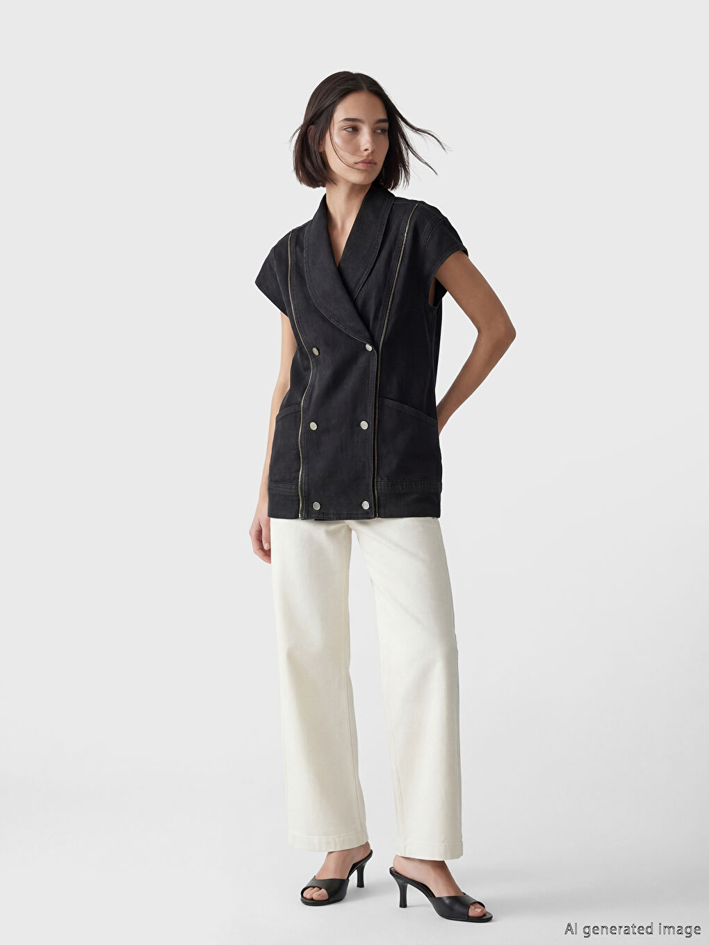 Gri Kruvaze Yaka Kadın Jean Yelek-1