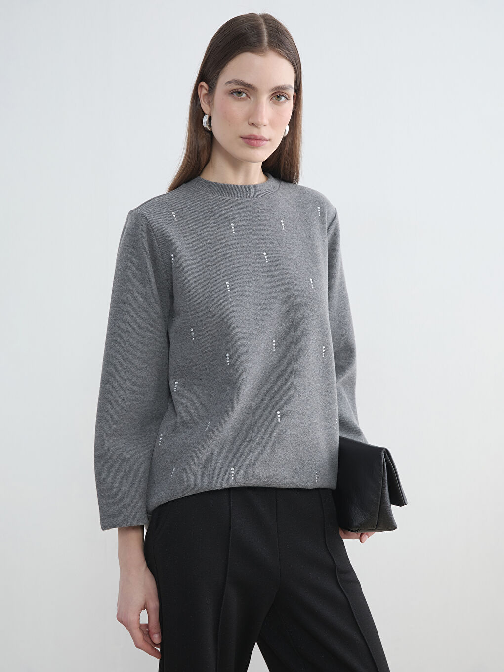 Antrasit Bisiklet Yaka Taşlı Kadın Sweatshirt Tunik