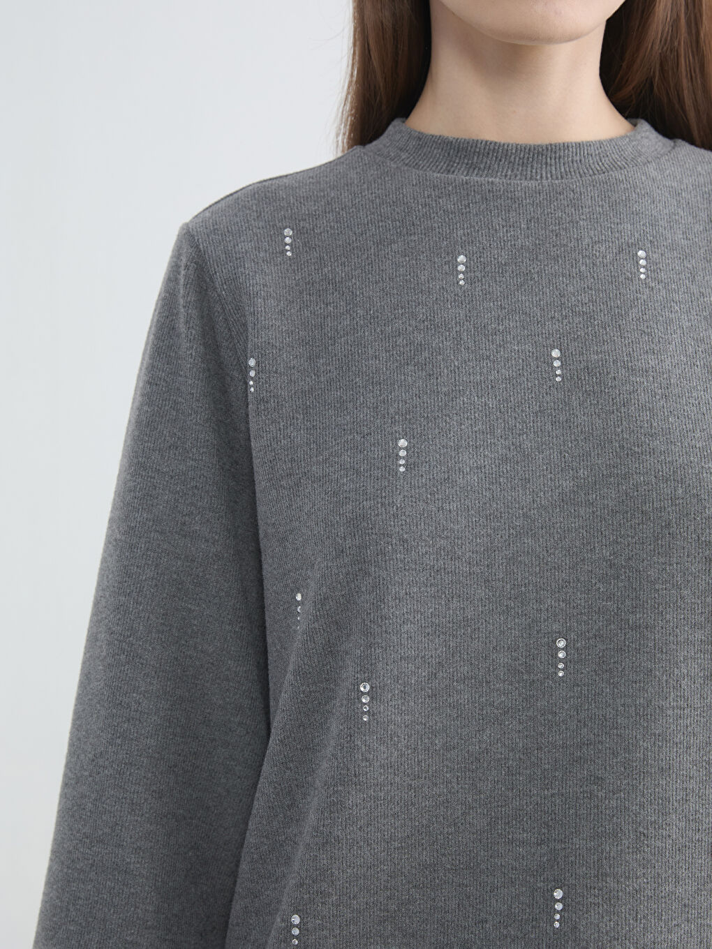 Antrasit Bisiklet Yaka Taşlı Kadın Sweatshirt Tunik-2