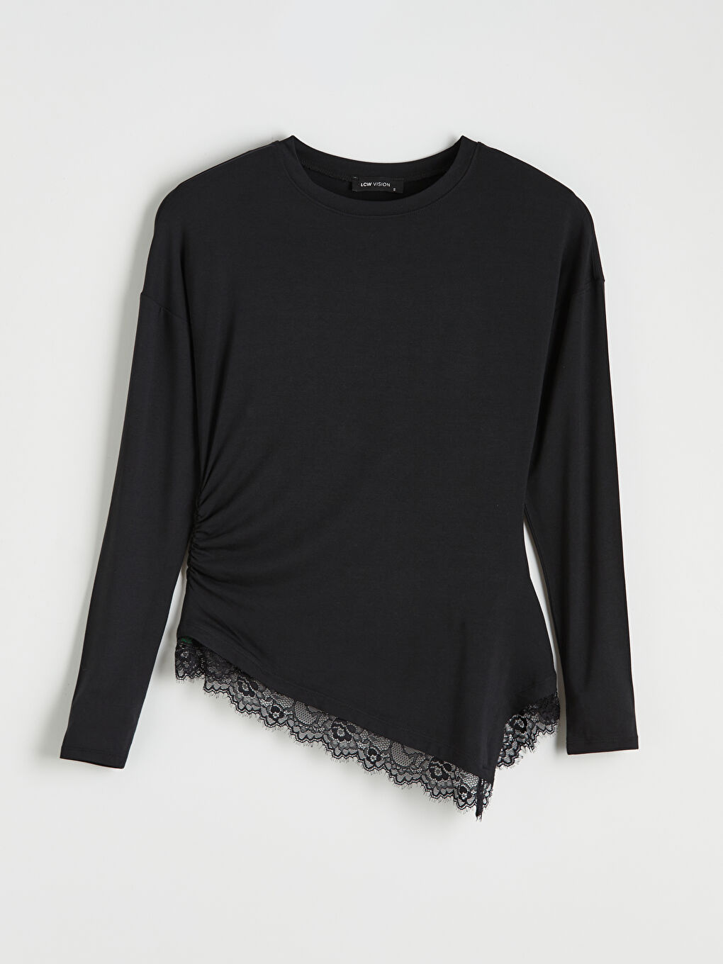 Siyah Bisiklet Yaka Dantel Detaylı Büzgülü Bluz	