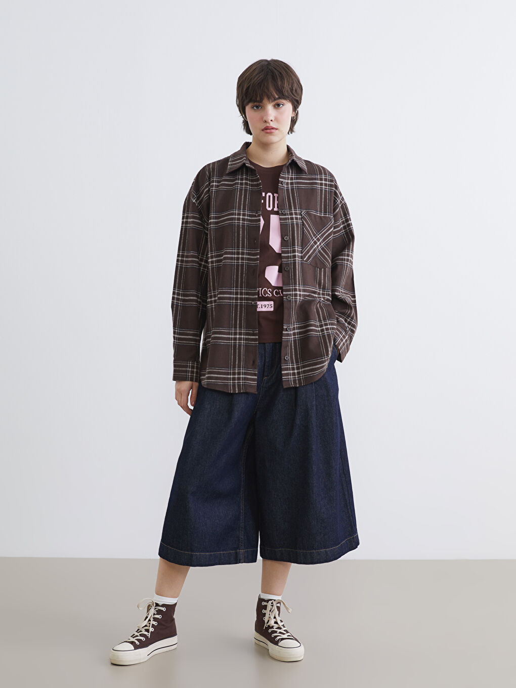 Kahverengi Ekose Oversize Krinkle Kadın Gömlek-1