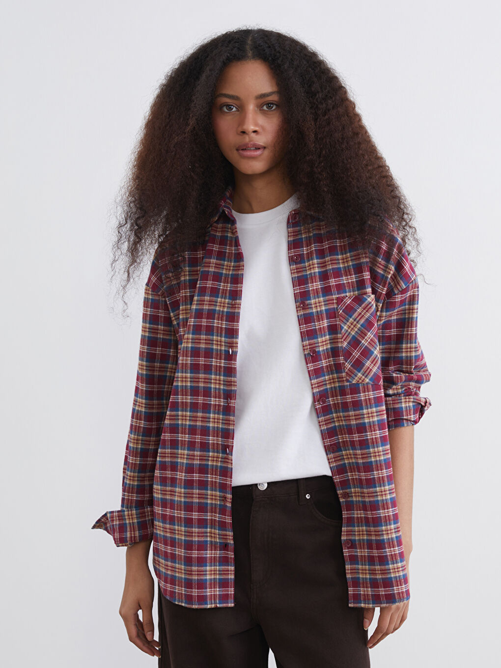 Bordo Ekose Oversize Kadın Oduncu Gömlek