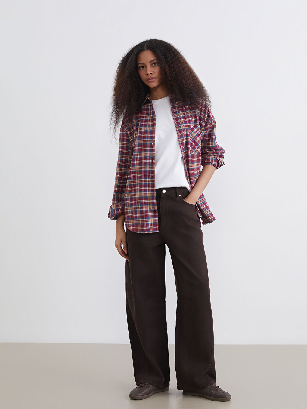 Bordo Ekose Oversize Kadın Oduncu Gömlek-1