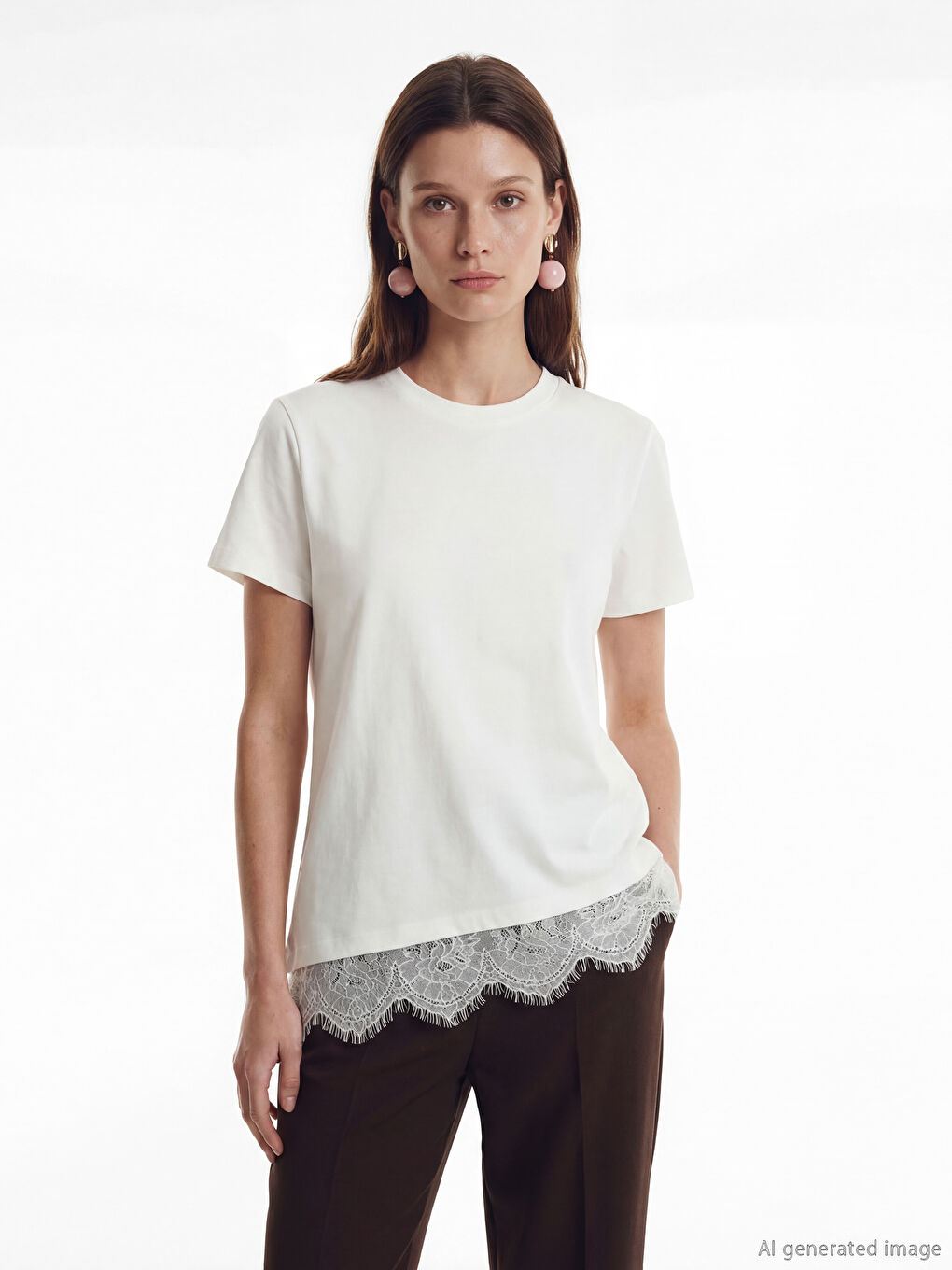 T-shirt Femme à Coupe Asymétrique avec Détails en Dentelle