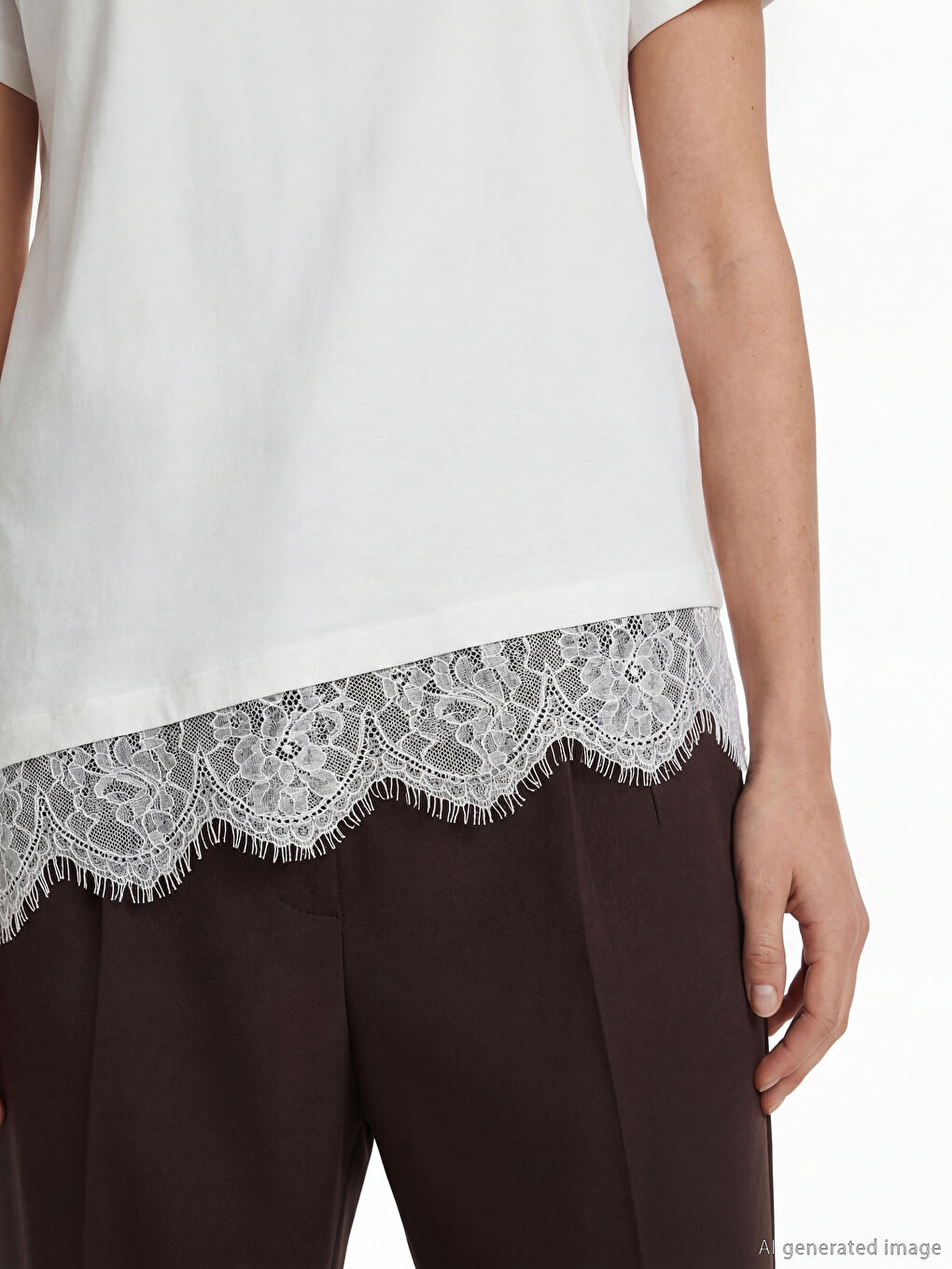 T-shirt Femme à Coupe Asymétrique avec Détails en Dentelle-2