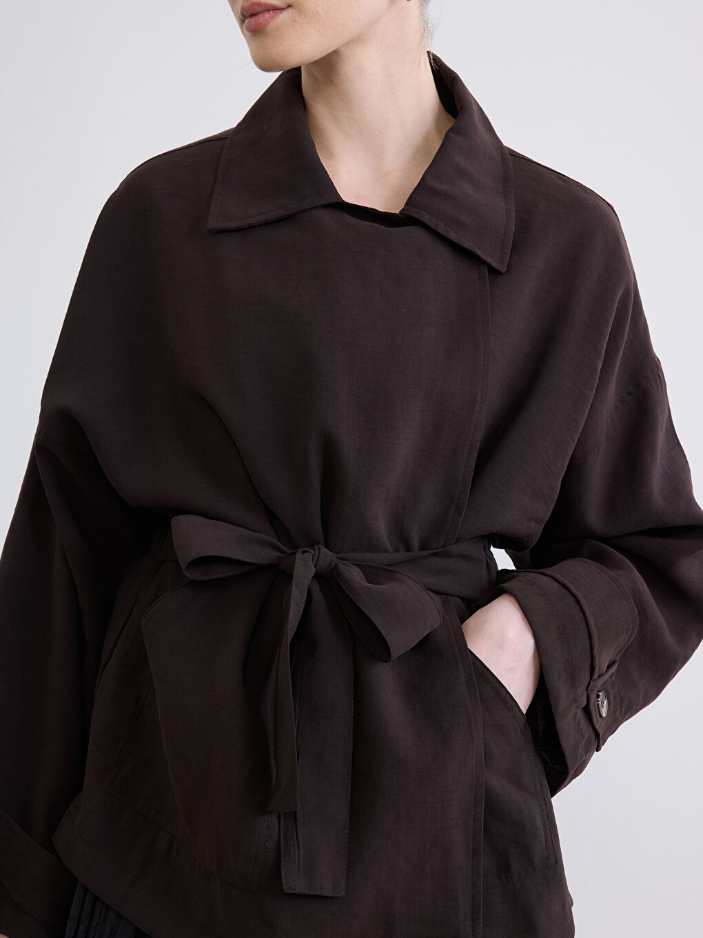 Collared Neck Sash Detailed Oversize Women's Jacket-4