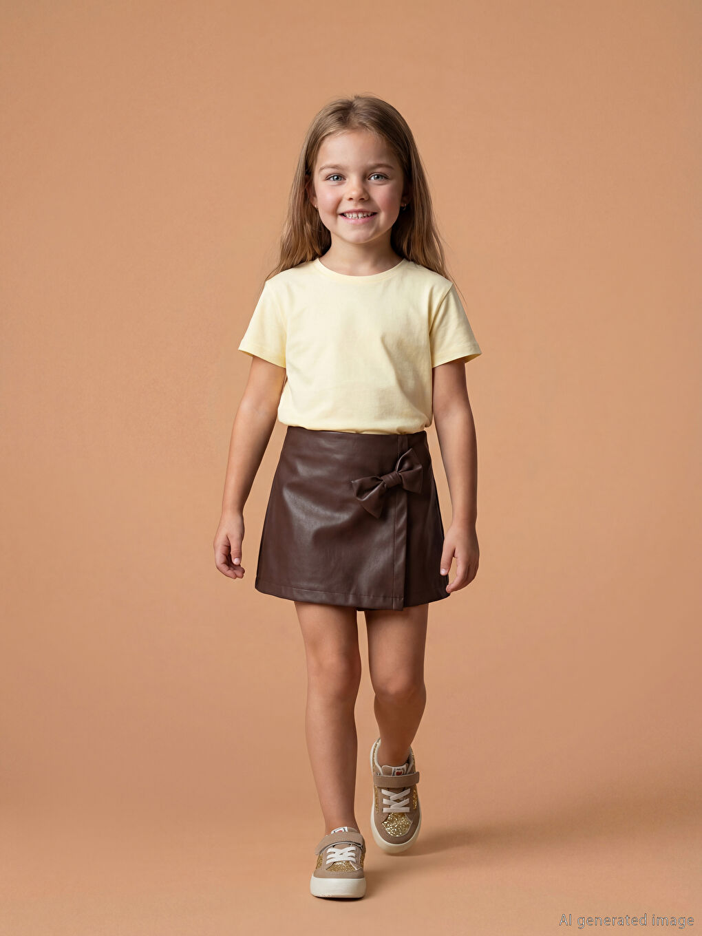 Kahverengi Kız Çocuk Deri Görünümlü Şort Etek