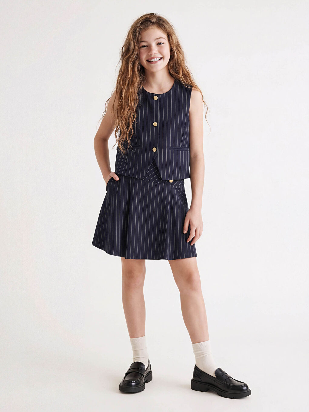 Lacivert Düğme Detaylı Çizgili Kız Çocuk Etek