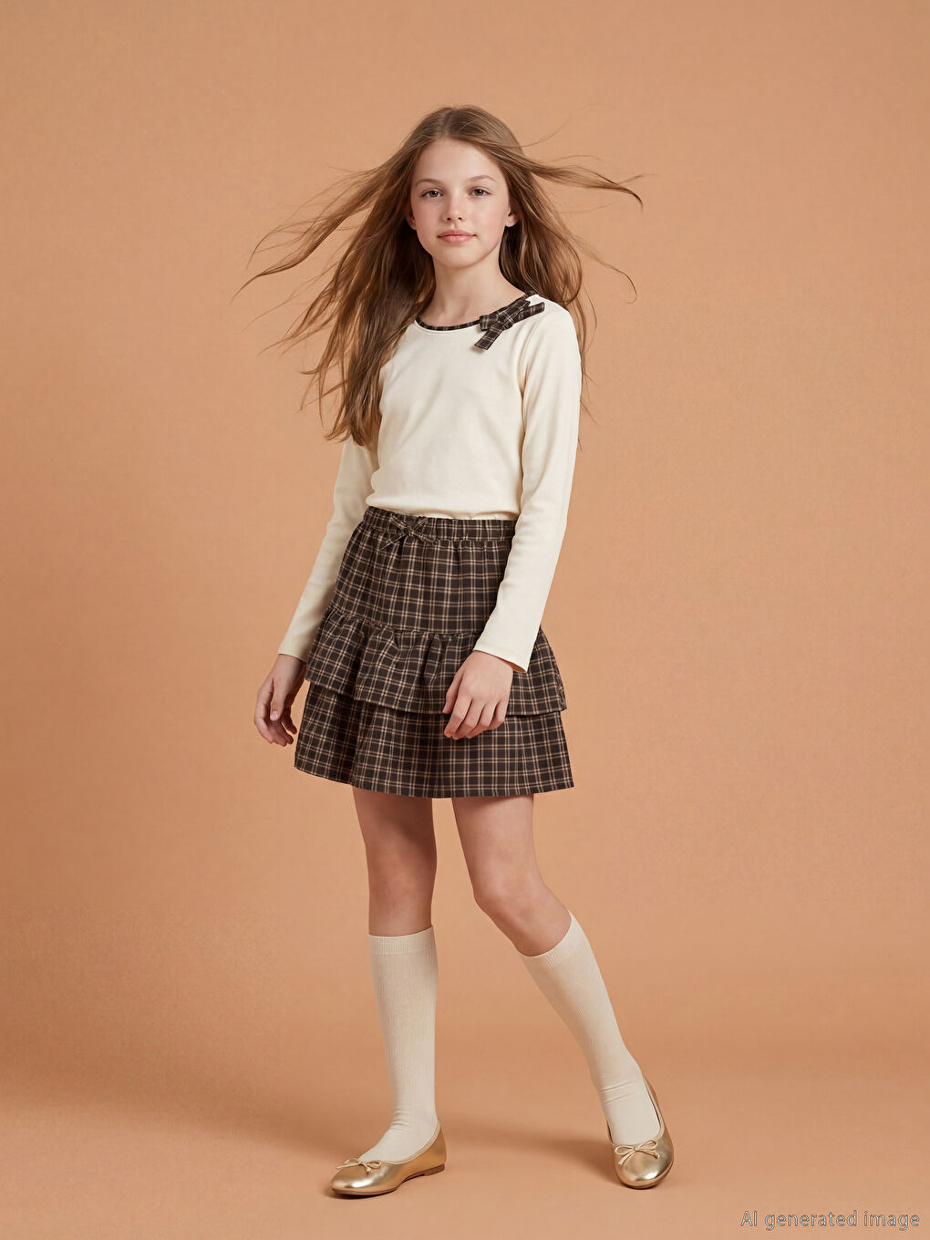 Kahverengi Beli Lastikli Ekose Katkat Kız Çocuk Şort Etek