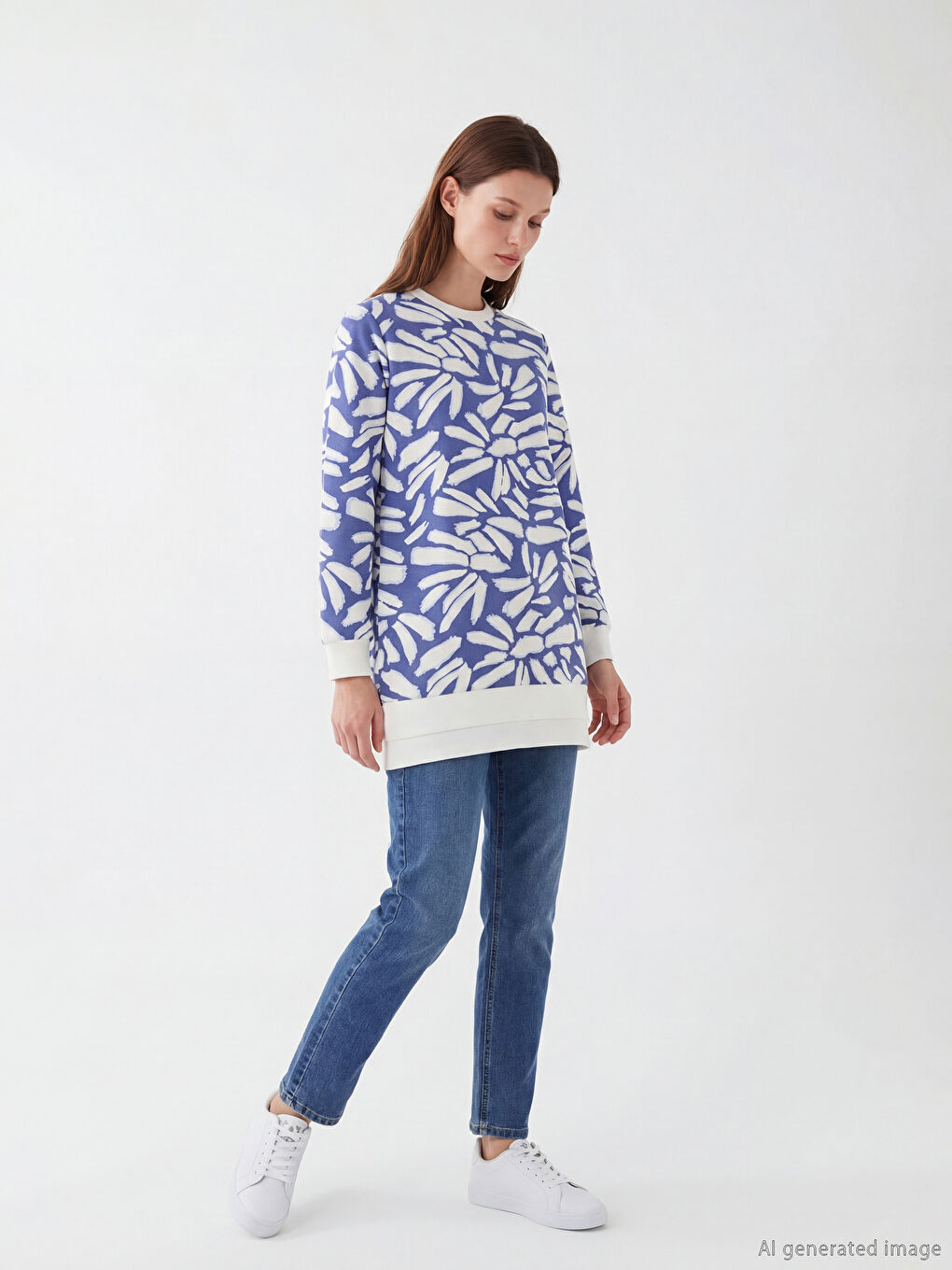 Mavi Bisiklet Yaka Desenli Kadın Sweatshirt Tunik-1