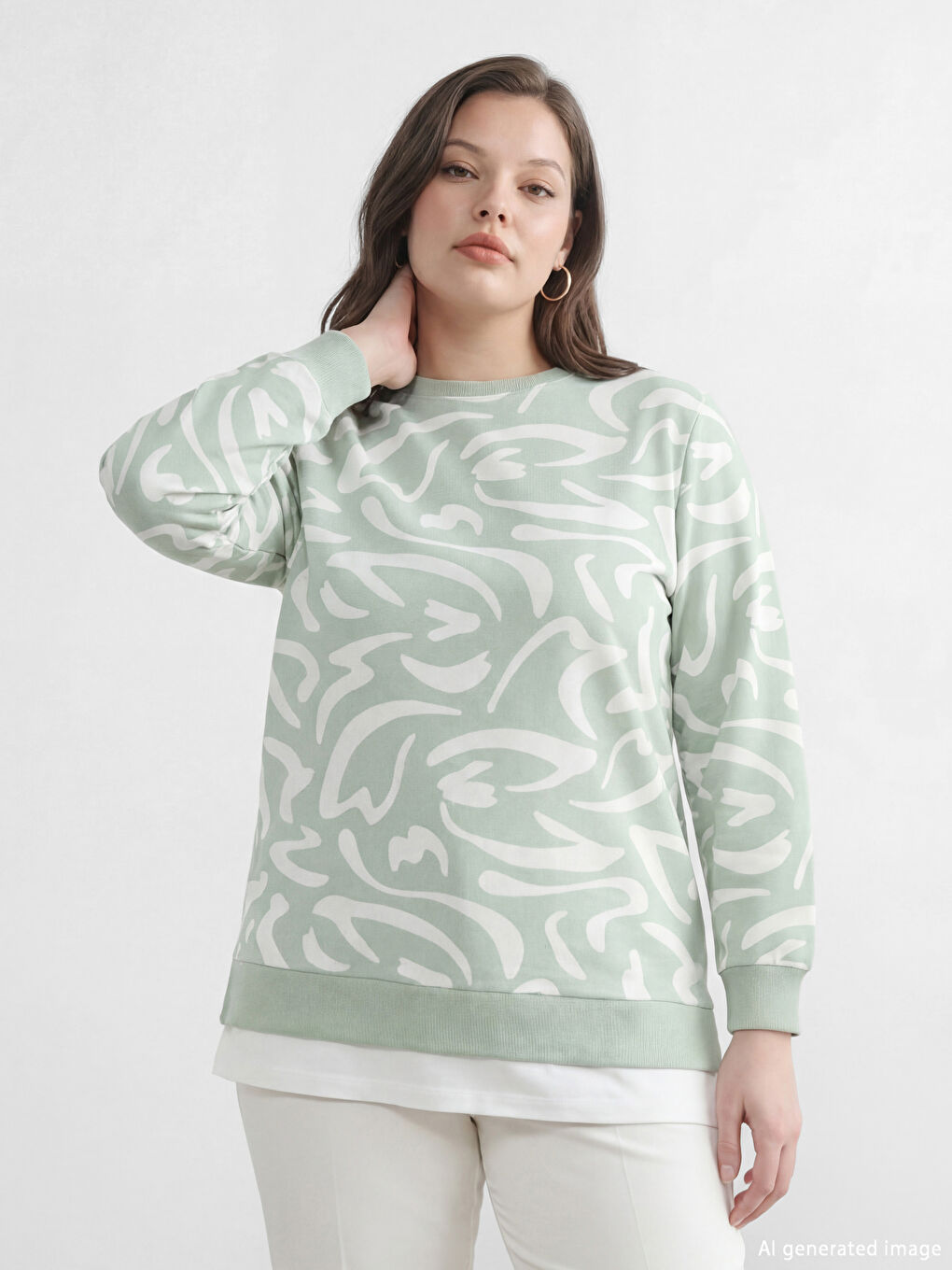 Yeşil Bisiklet Yaka Desenli Kadın Sweatshirt Tunik-1