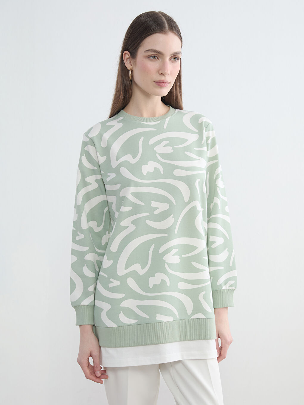 Yeşil Bisiklet Yaka Desenli Kadın Sweatshirt Tunik