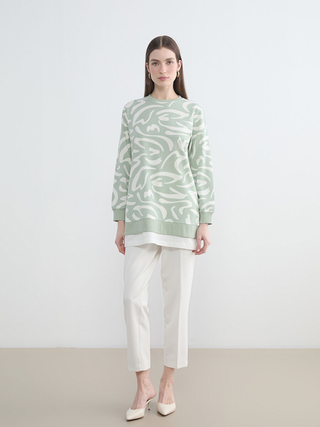 Yeşil Bisiklet Yaka Desenli Kadın Sweatshirt Tunik-2