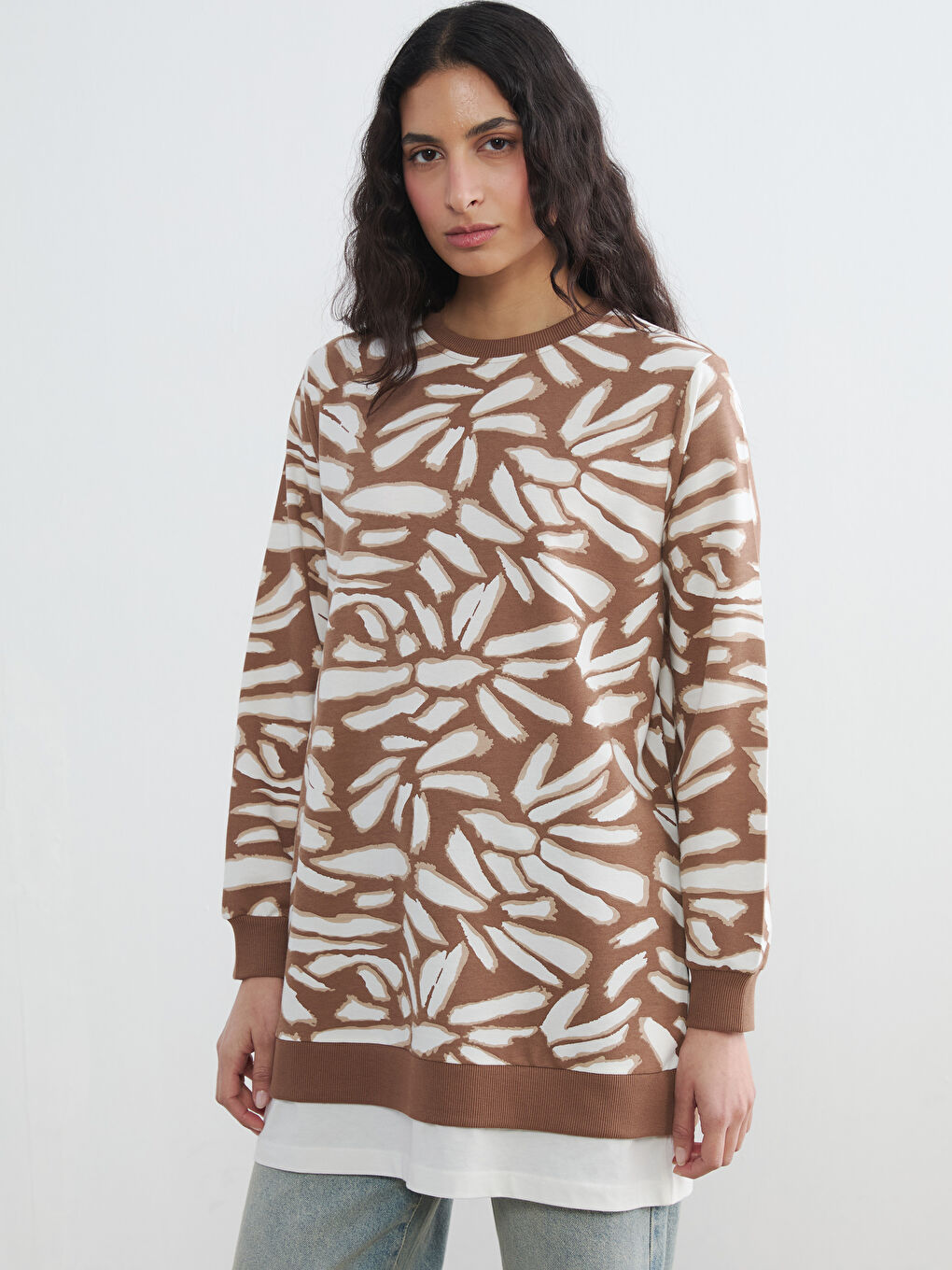 Kahverengi Bisiklet Yaka Desenli Kadın Sweatshirt Tunik