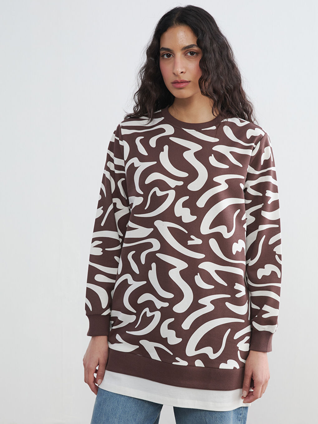 Kahverengi Bisiklet Yaka Desenli Kadın Sweatshirt Tunik