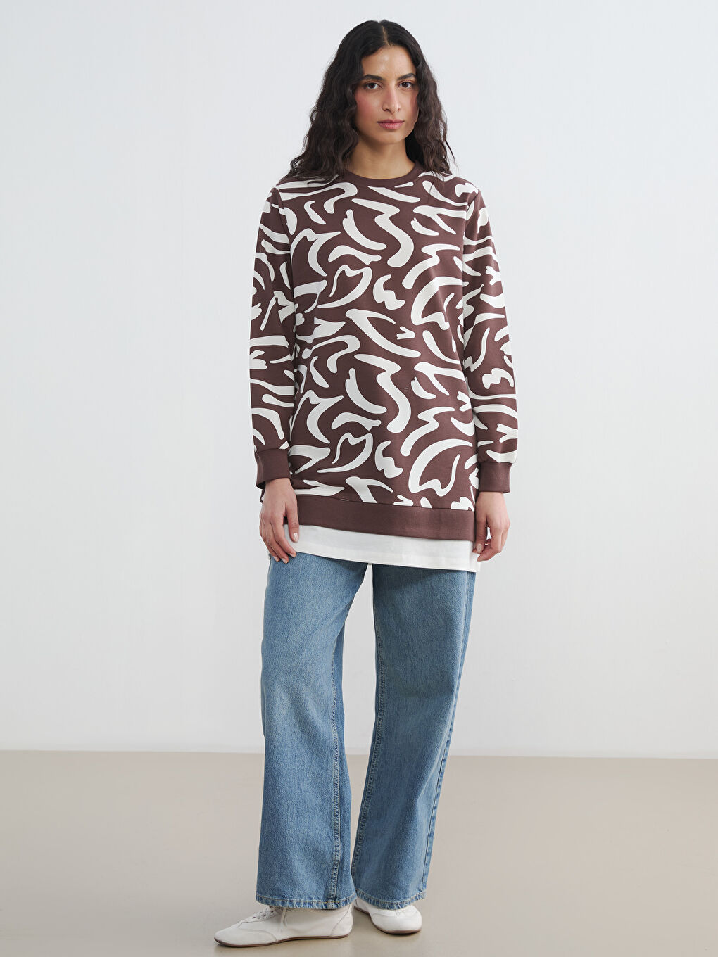 Kahverengi Bisiklet Yaka Desenli Kadın Sweatshirt Tunik-1