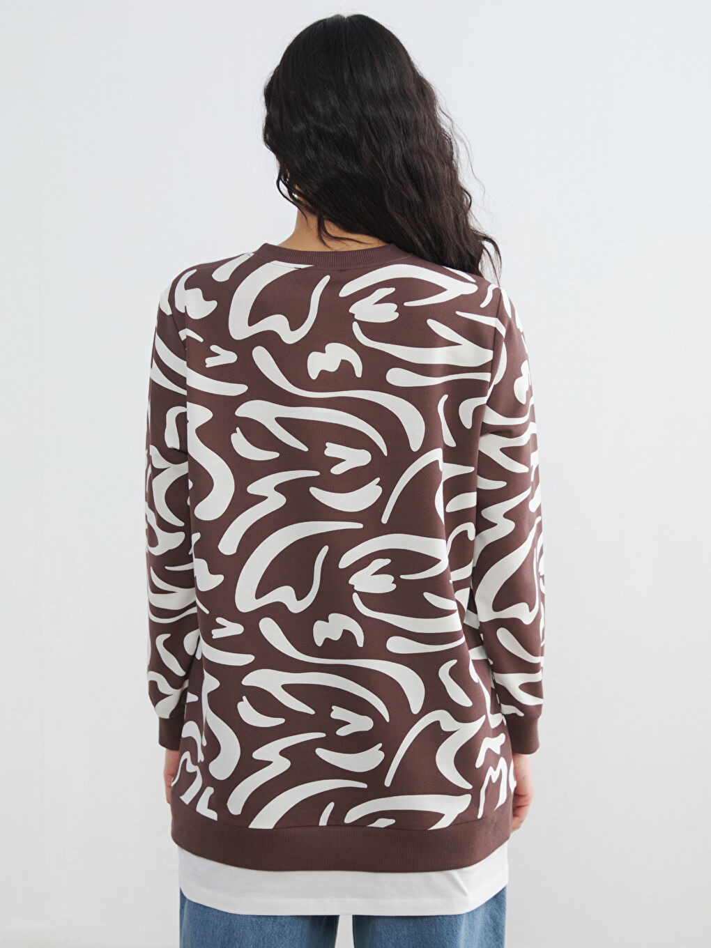 Kahverengi Bisiklet Yaka Desenli Kadın Sweatshirt Tunik-3