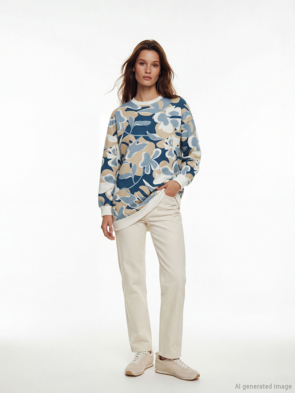 Karışık Bisiklet Yaka Desenli Kadın Sweatshirt Tunik	-1