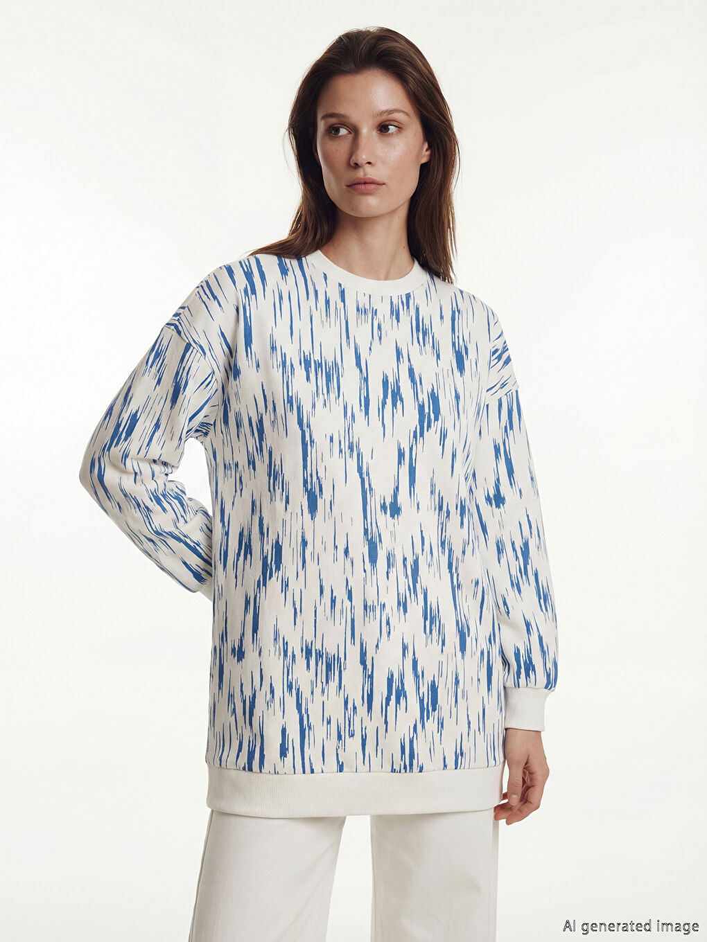 Mavi Bisiklet Yaka Desenli Kadın Sweatshirt Tunik	