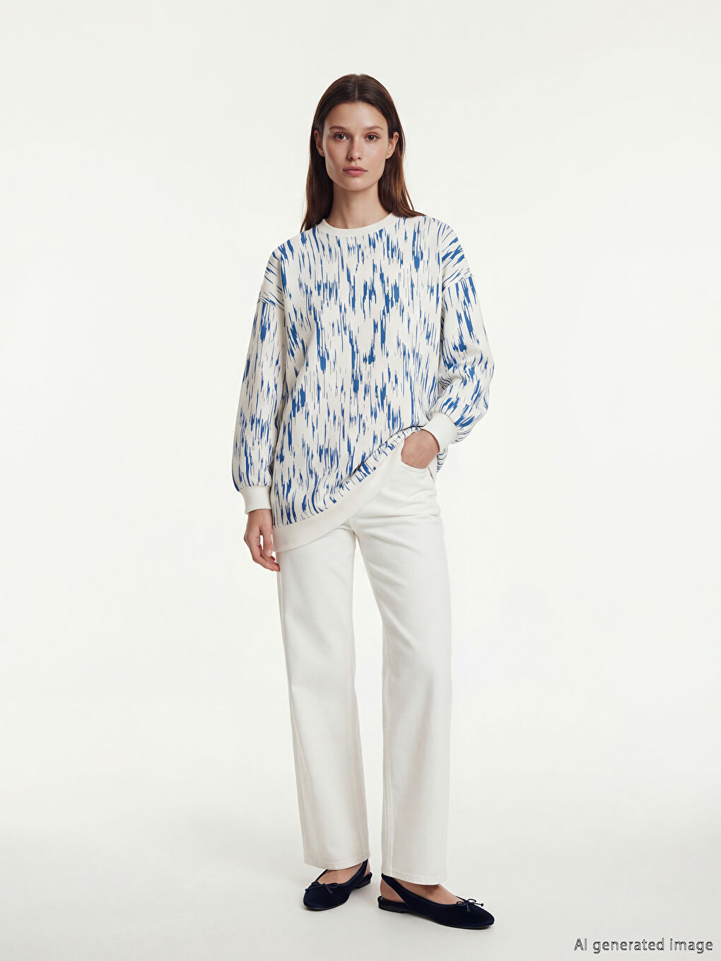 Mavi Bisiklet Yaka Desenli Kadın Sweatshirt Tunik	-1