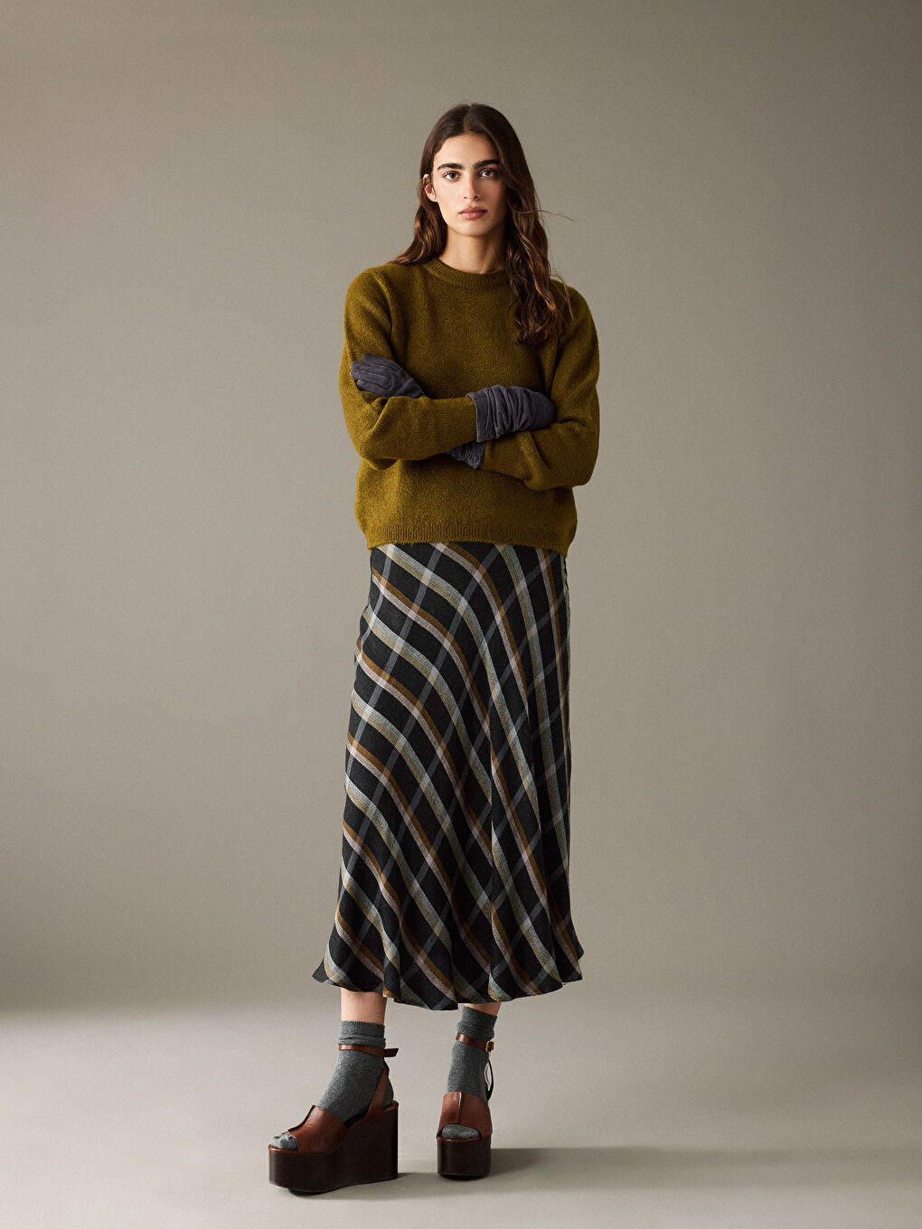 Kahverengi Beli Fermuarlı Fırfırlı Ekose Etek