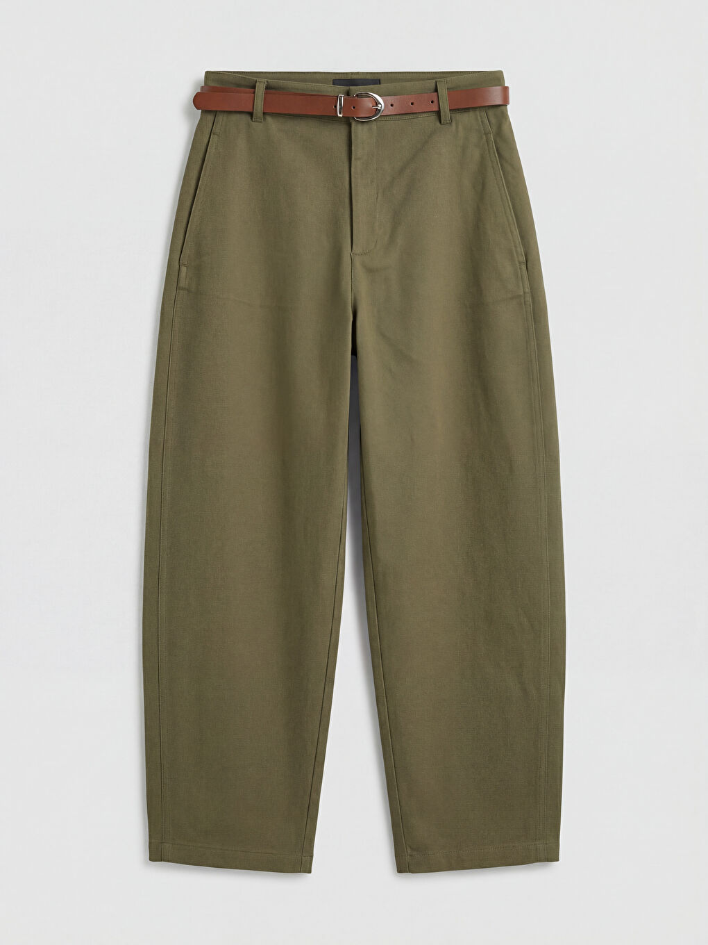 Haki Beli Kemerli Gabardin Kadın Pantolon