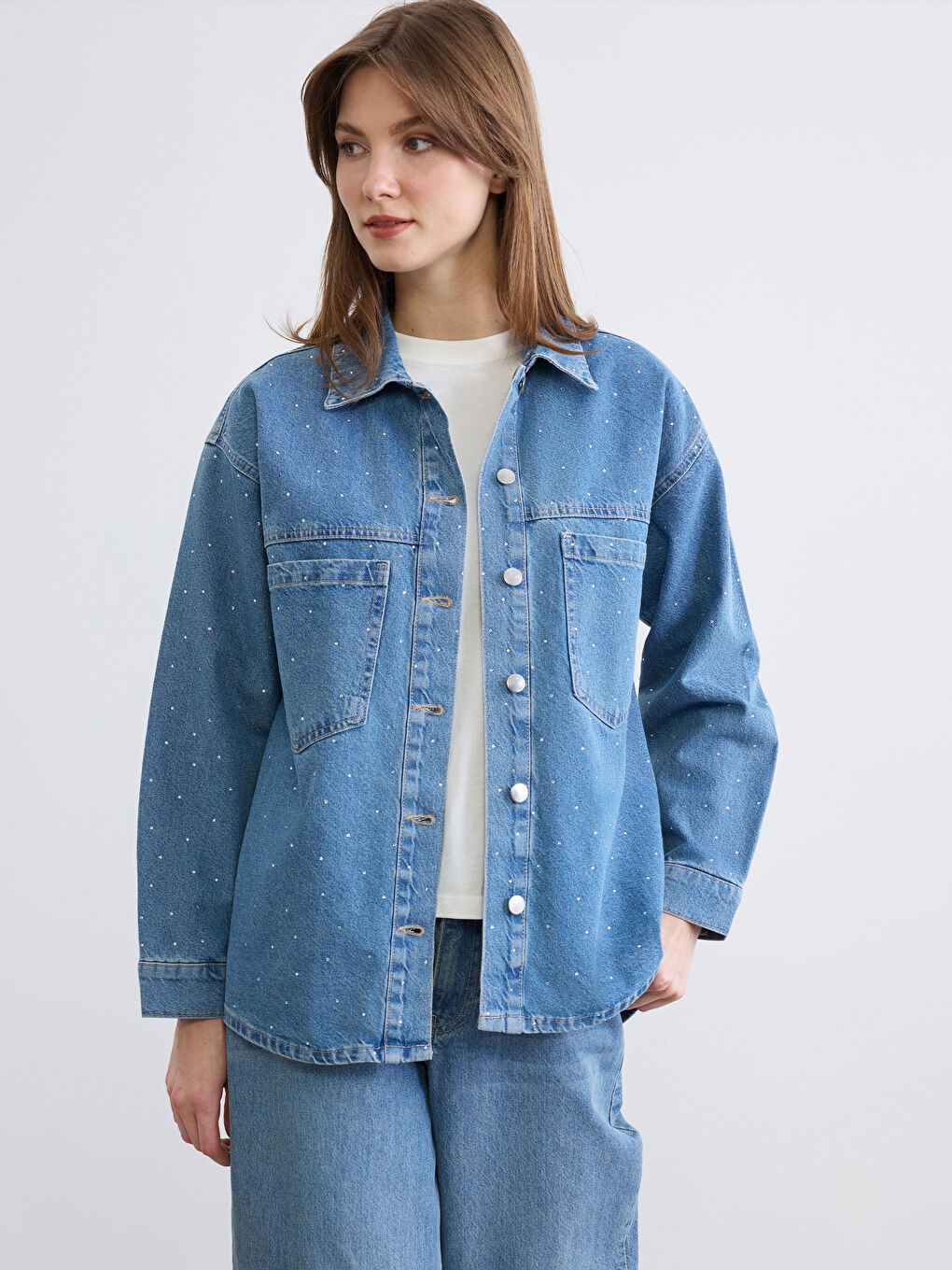 İndigo Taşlı Kadın Gömlek Ceket