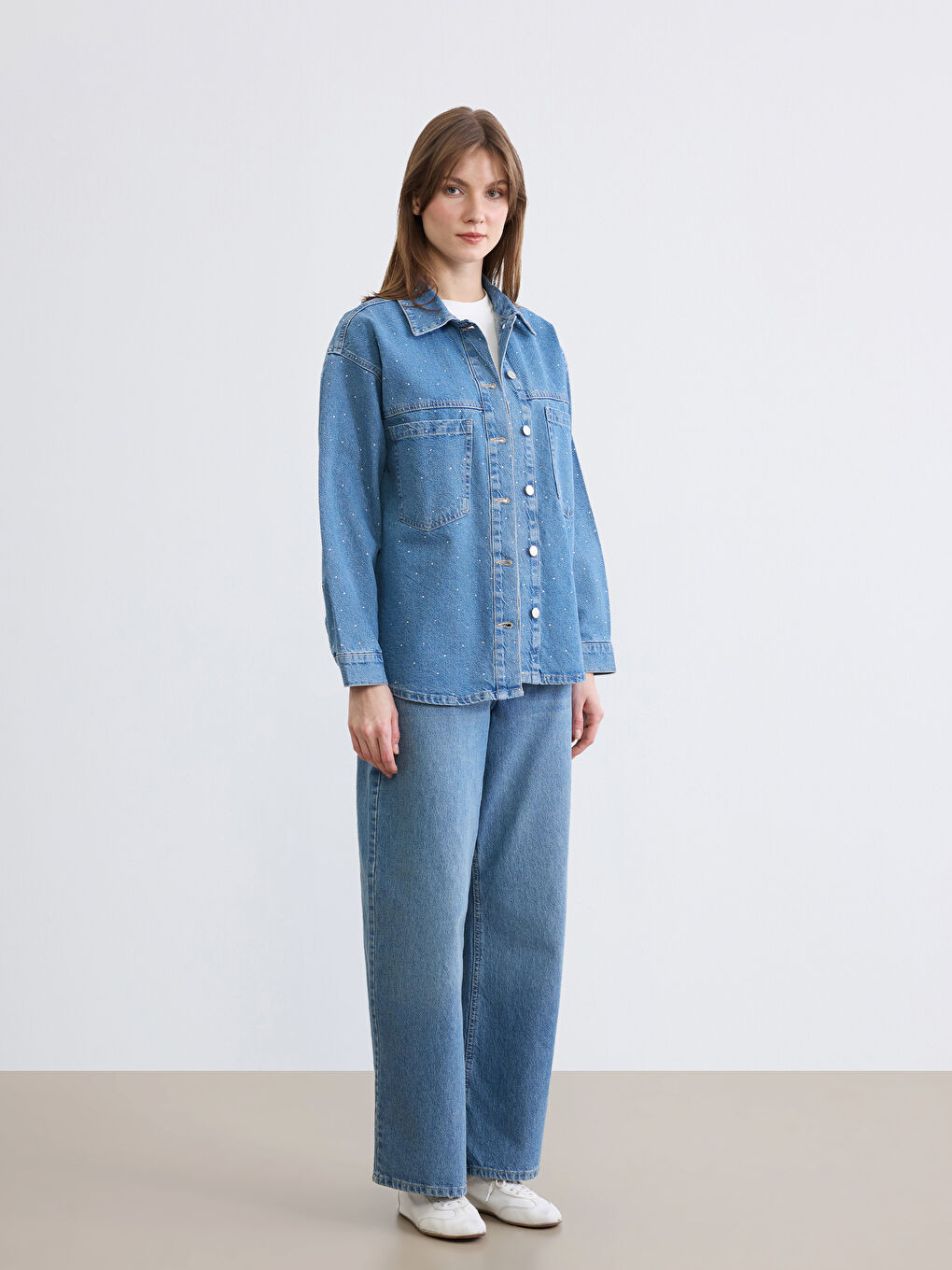 İndigo Taşlı Kadın Gömlek Ceket-1