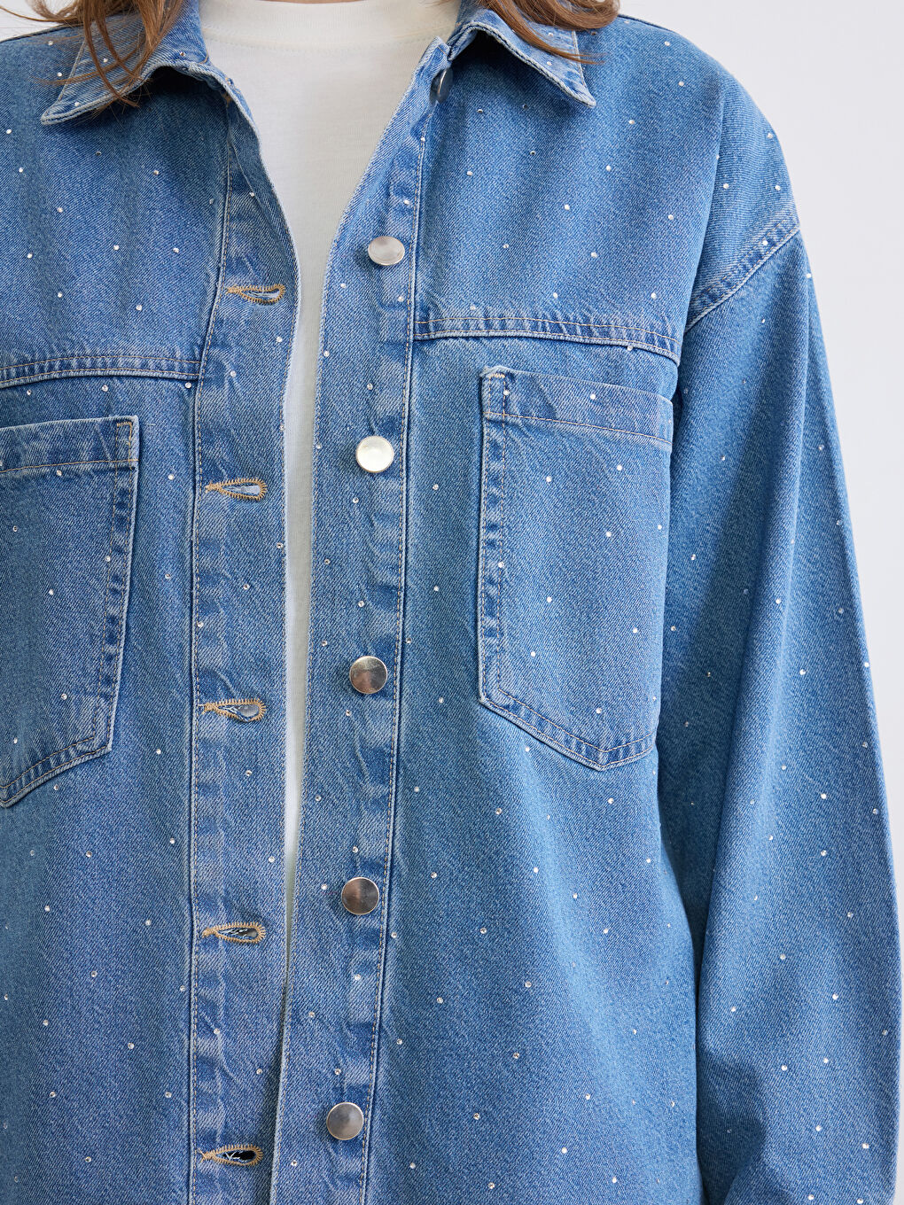İndigo Taşlı Kadın Gömlek Ceket-2