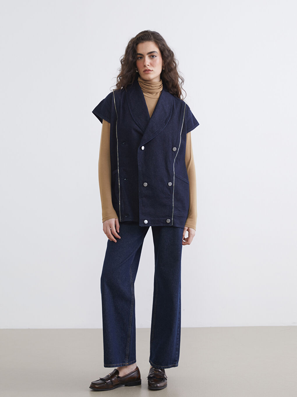 Lacivert Kruvaze Yaka Kadın Jean Yelek-1