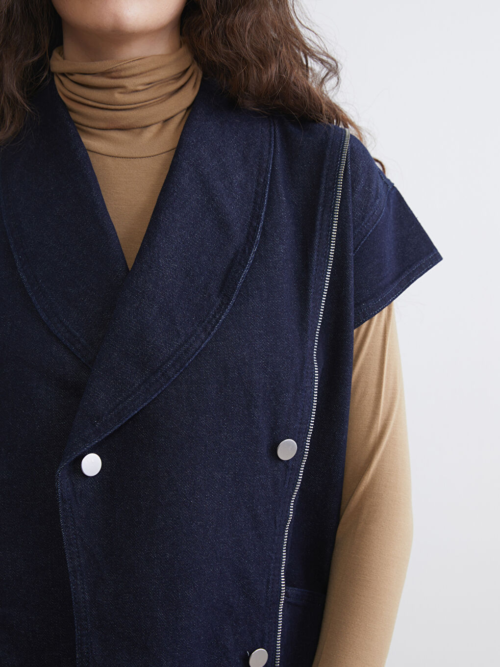 Lacivert Kruvaze Yaka Kadın Jean Yelek-2