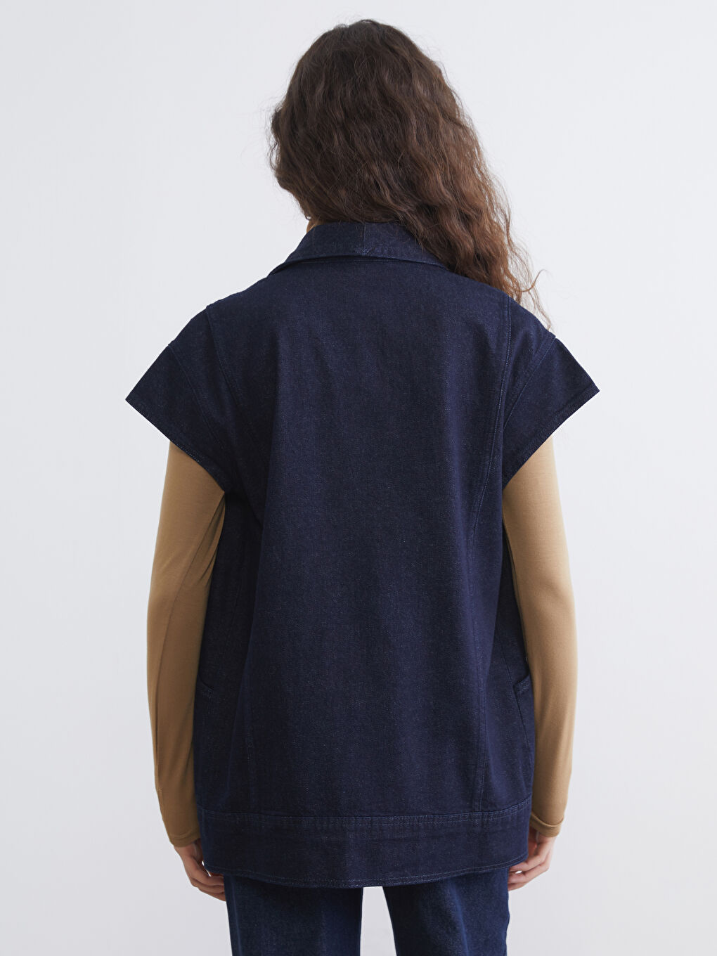 Lacivert Kruvaze Yaka Kadın Jean Yelek-3