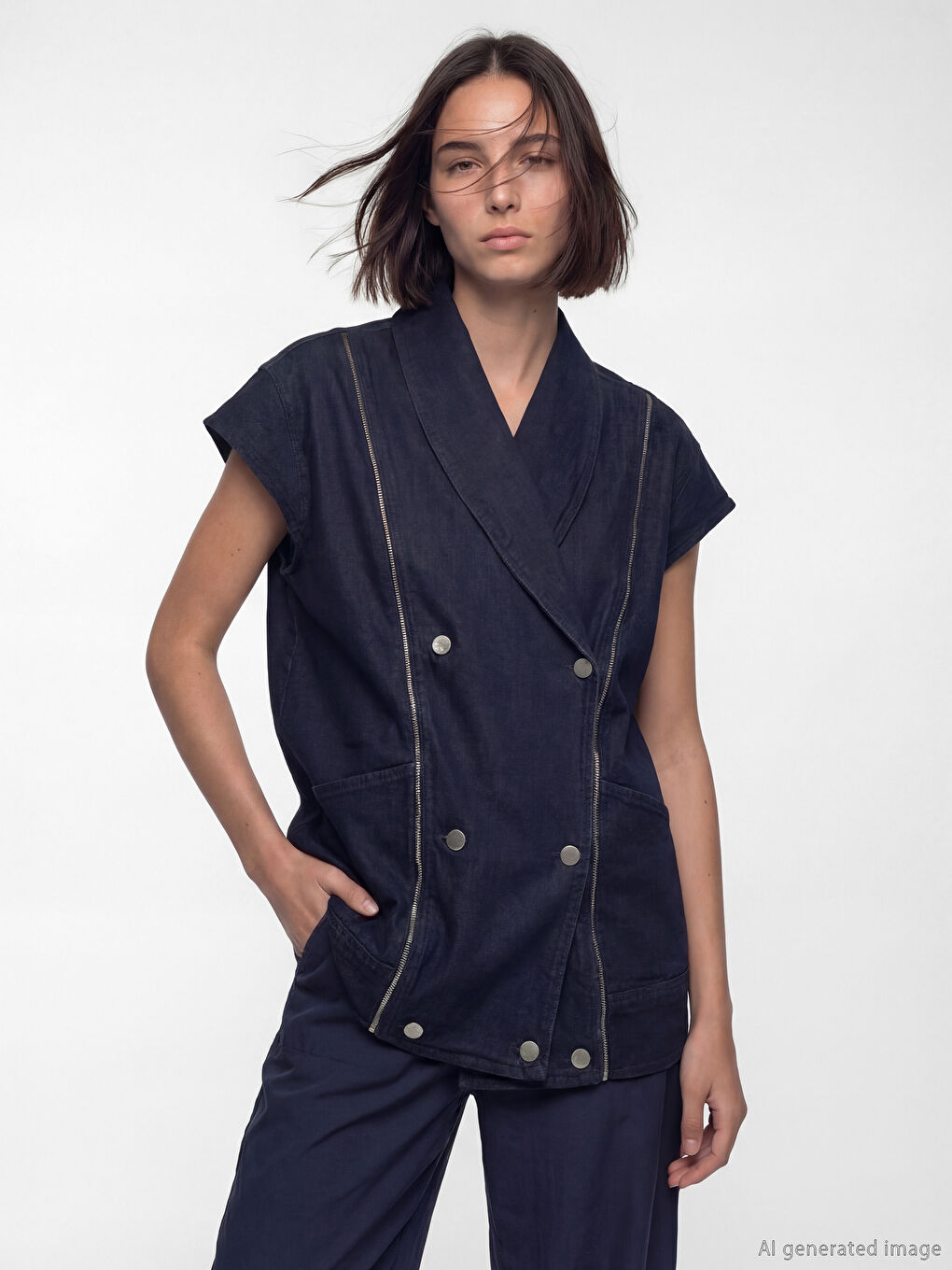 Lacivert Kruvaze Yaka Kadın Jean Yelek