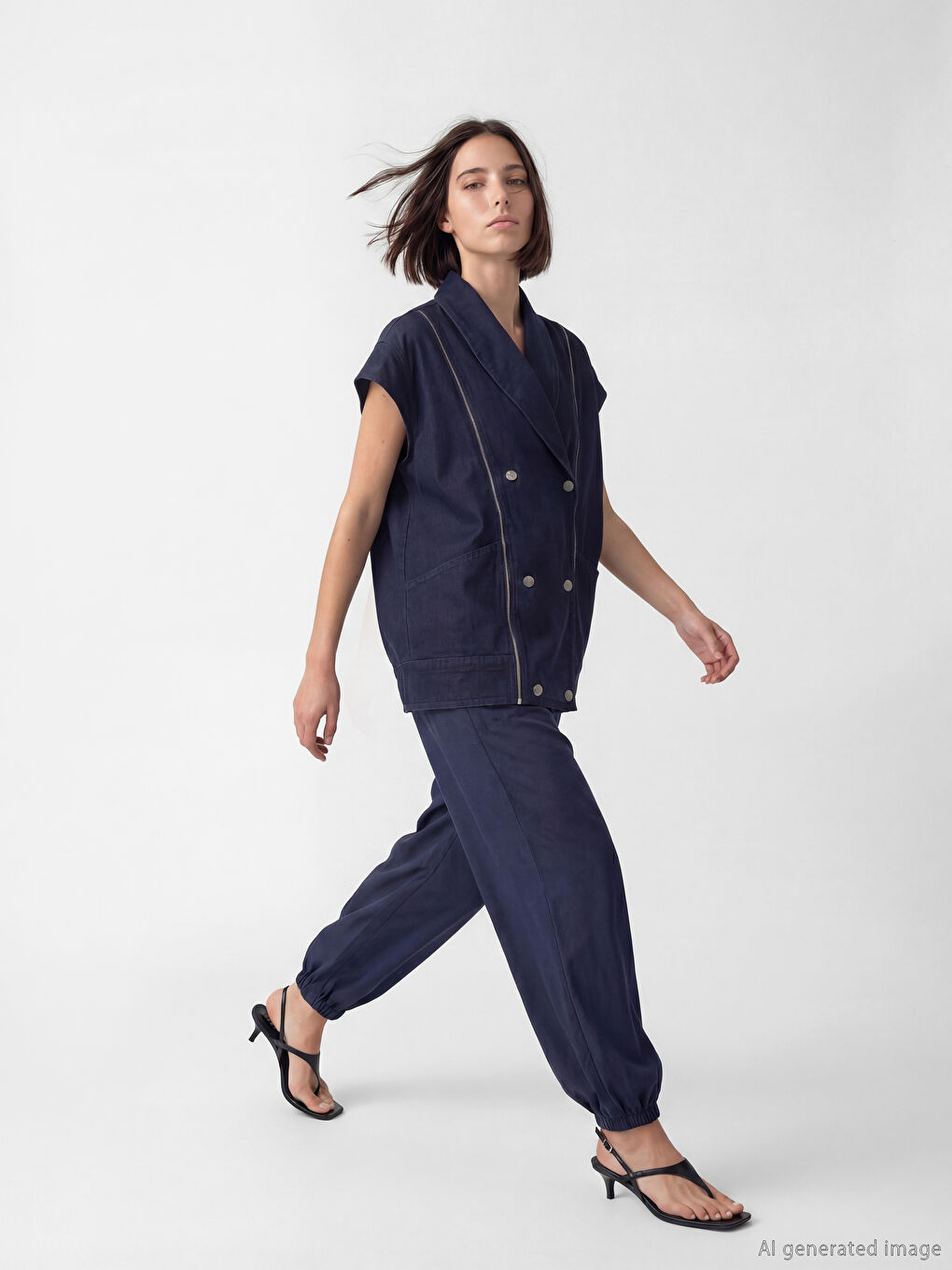 Lacivert Kruvaze Yaka Kadın Jean Yelek-2