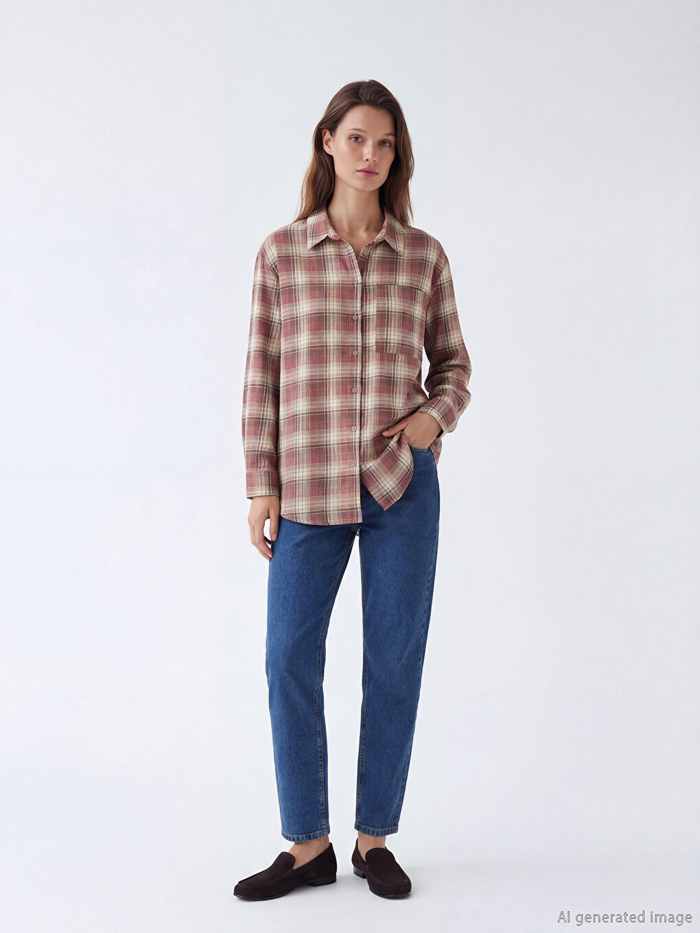 Pembe Ekose Kadın Gömlek Tunik-1