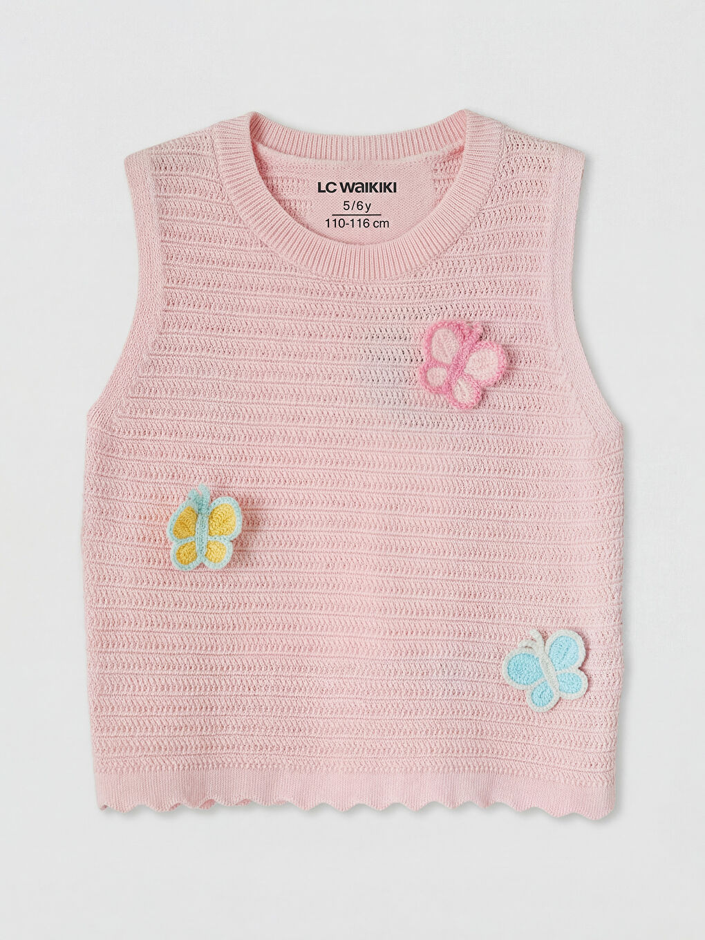 Pembe Kelebek Nakışlı Kız Çocuk Triko Yelek