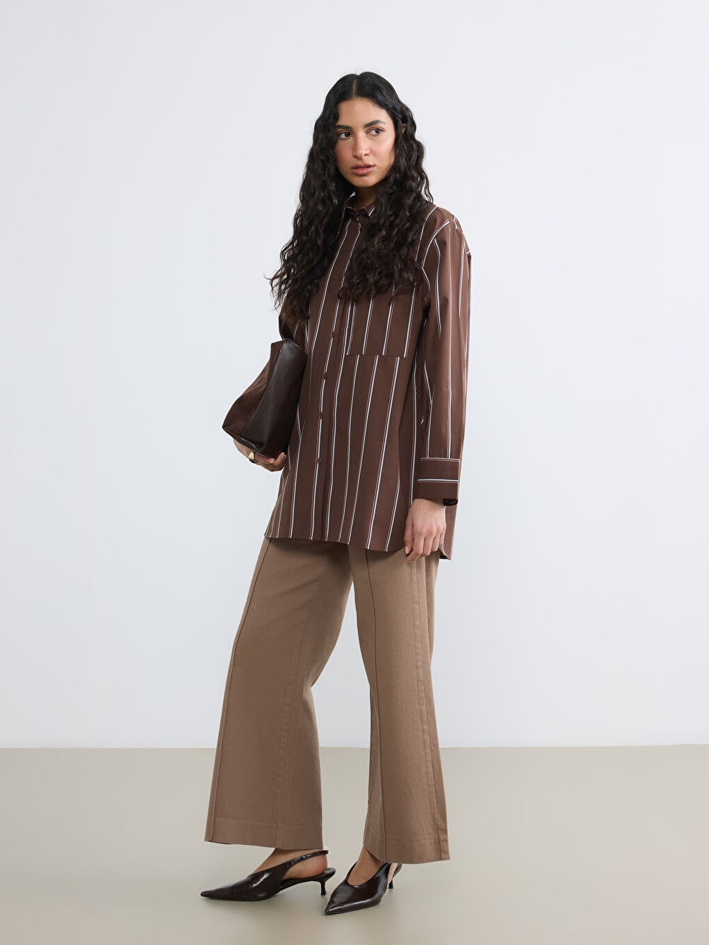 Kahverengi Çizgili Poplin Kadın Gömlek Tunik-1