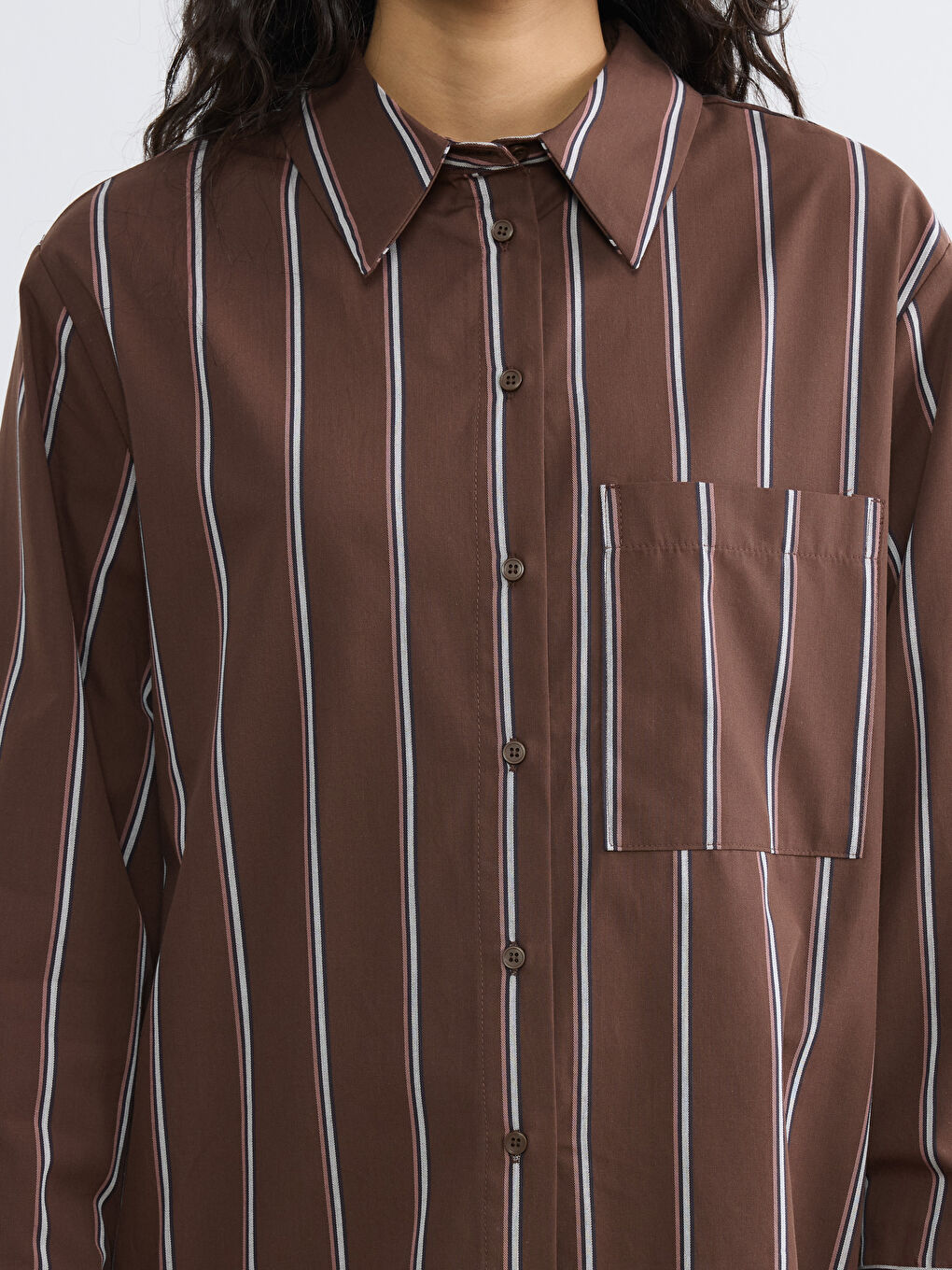 Kahverengi Çizgili Poplin Kadın Gömlek Tunik-2
