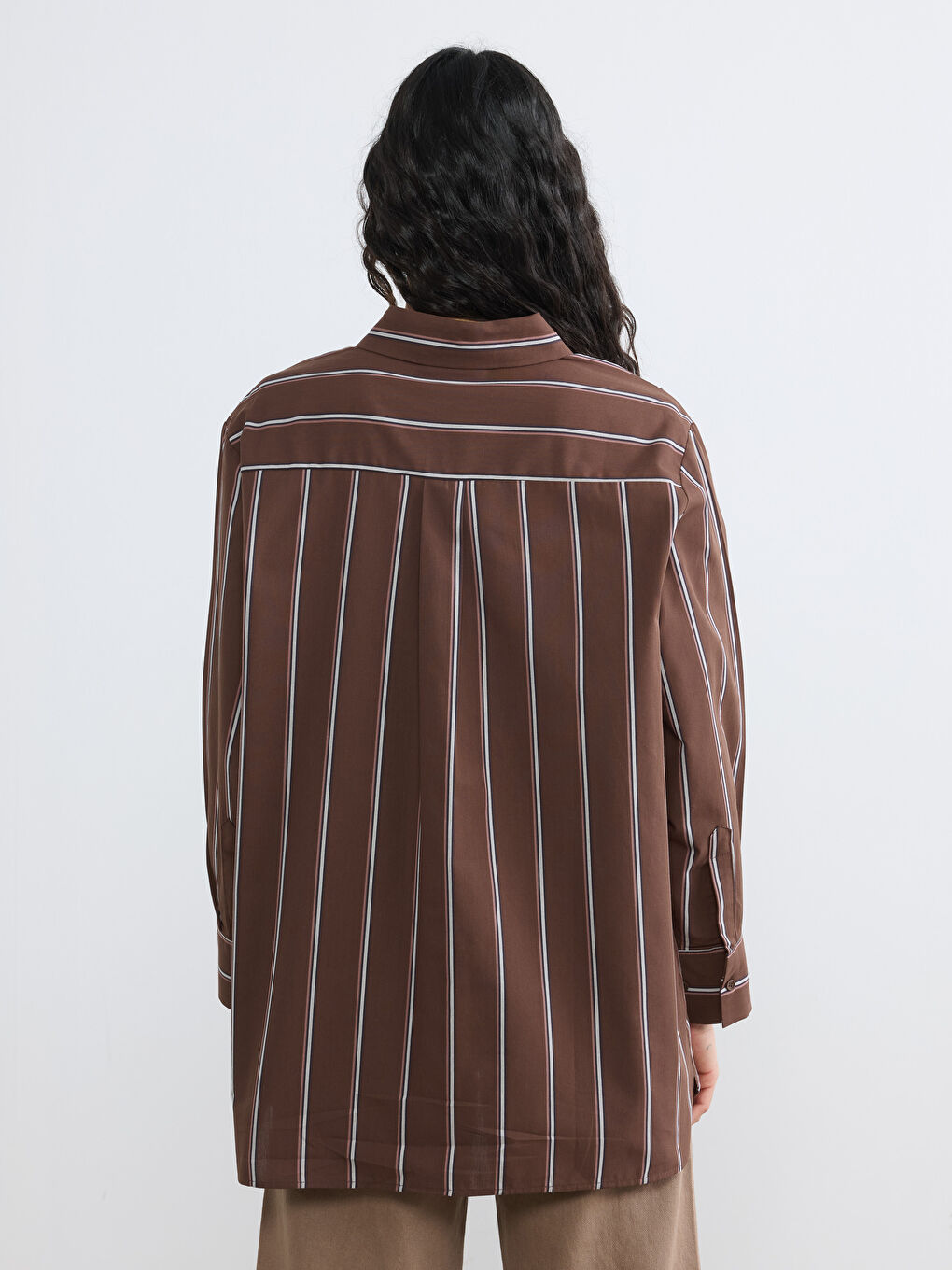Kahverengi Çizgili Poplin Kadın Gömlek Tunik-3