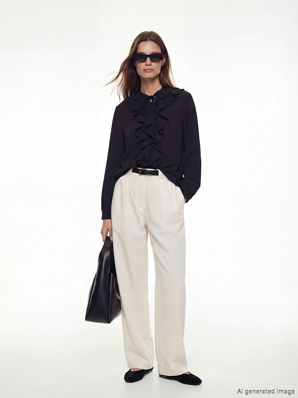 Siyah Bağlamalı Yaka Fırfırlı Oversize Bluz-1