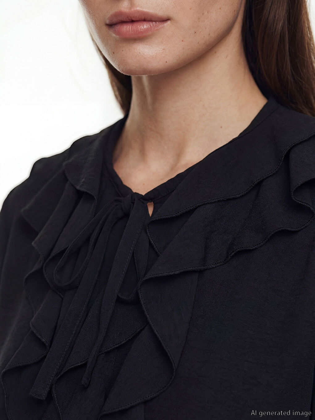 Siyah Bağlamalı Yaka Fırfırlı Oversize Bluz-2