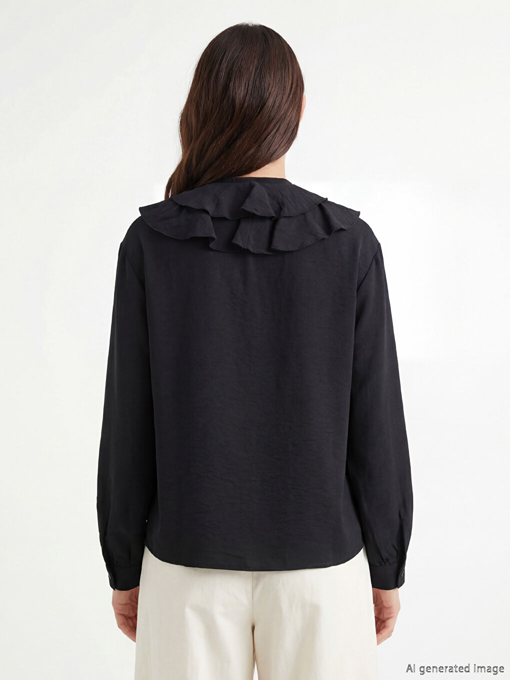 Siyah Bağlamalı Yaka Fırfırlı Oversize Bluz-3