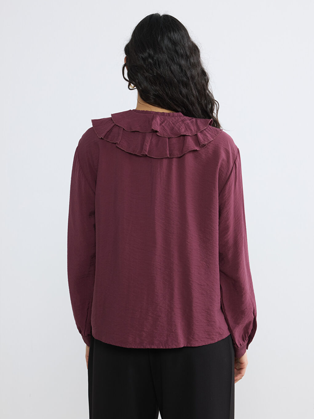 Bordo Bağlamalı Yaka Fırfırlı Oversize Bluz-3