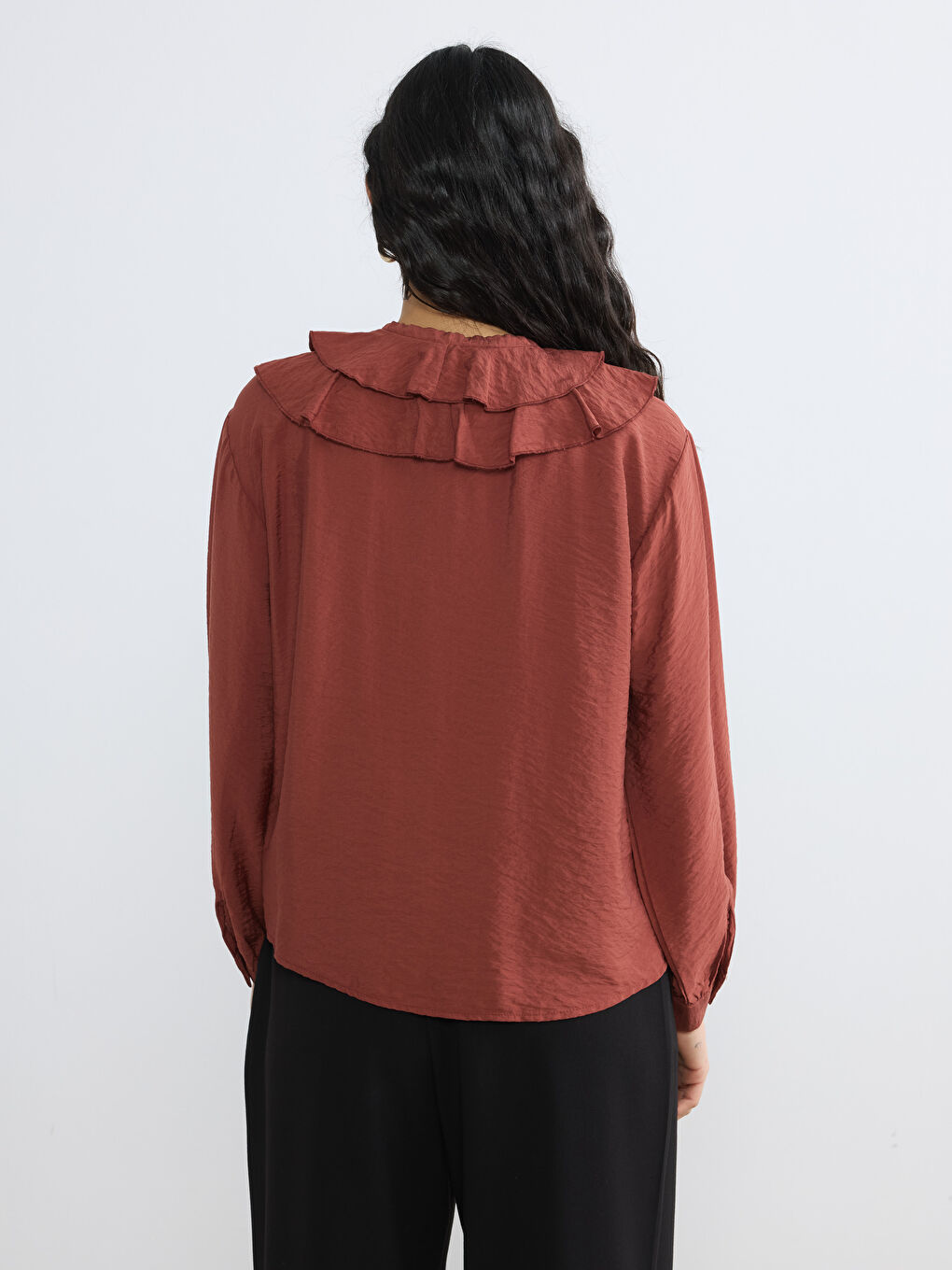 Kırmızı Bağlamalı Yaka Fırfırlı Oversize Bluz-3