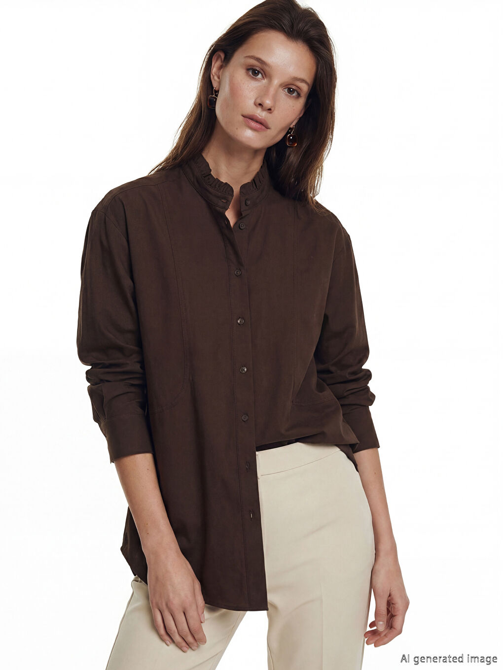 Kahverengi Hakim Yaka Poplin Kadın Gömlek Tunik	