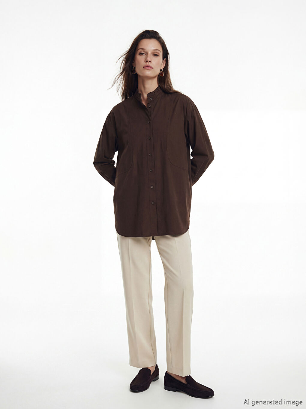 Kahverengi Hakim Yaka Poplin Kadın Gömlek Tunik	-1