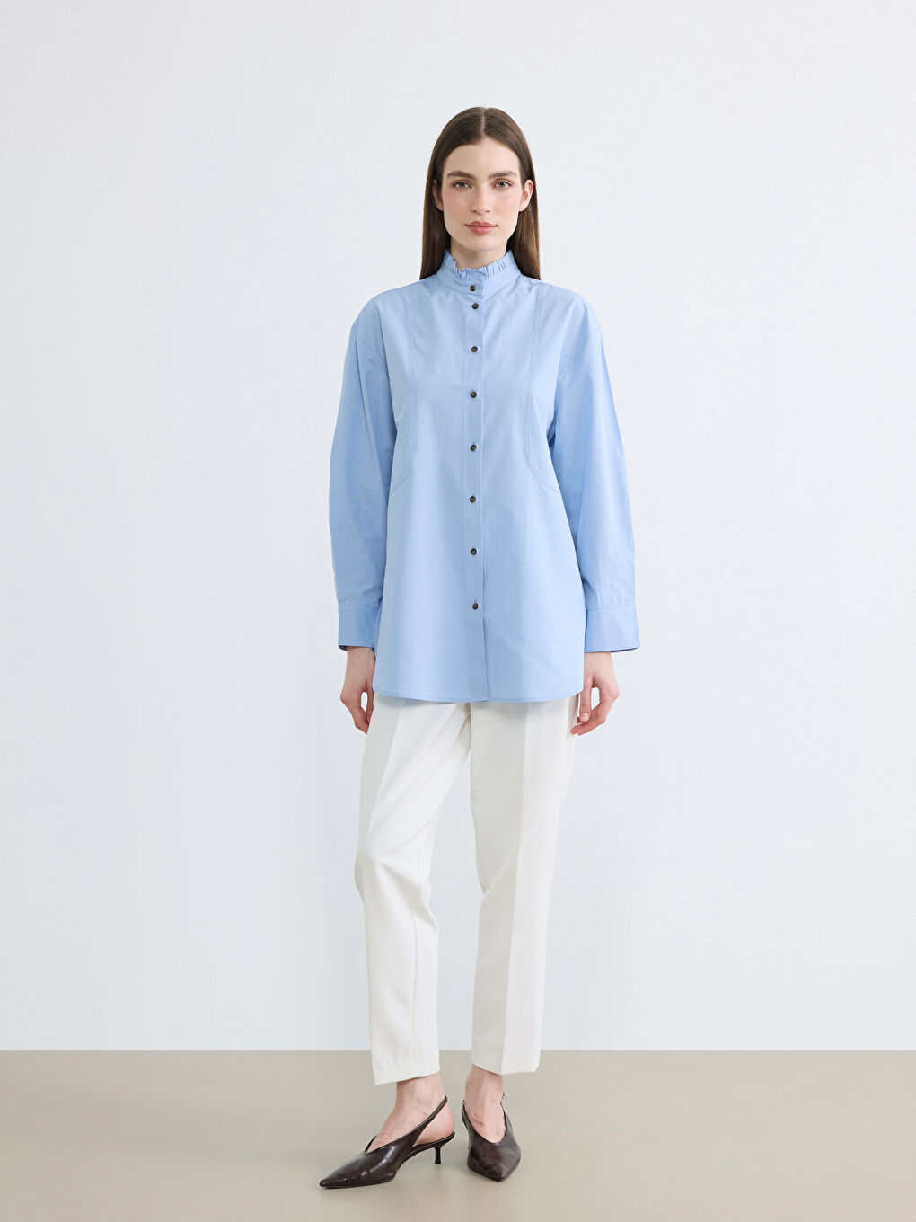 Mavi Hakim Yaka Poplin Kadın Gömlek Tunik	-2