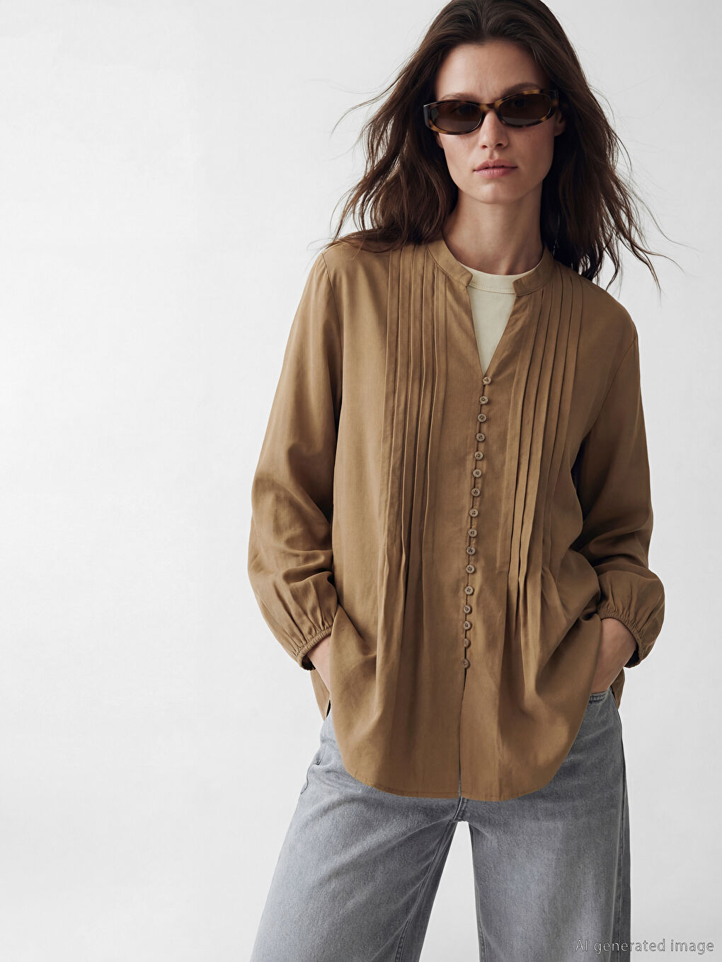 Kahverengi Kaçık Yaka Pileli Bluz